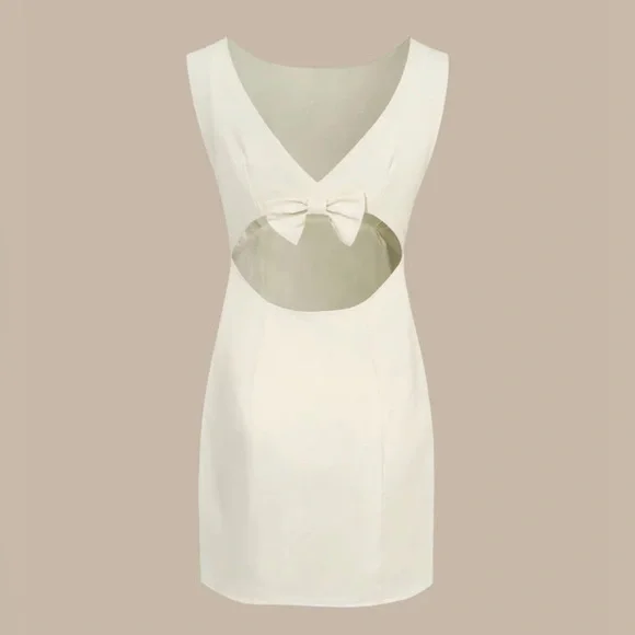 NWT RIHOAS The Beige Boat Neck Back Bowknot Mini Dress Sz S - Picture 6 of 7